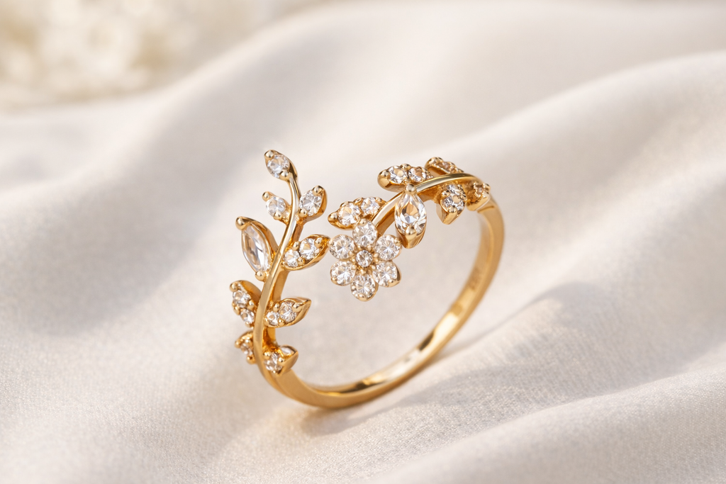 Gold Plated Floral Leaf Adjustable Ring with Crystal Stones | Elegant Designer Ring for Women