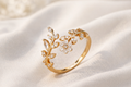 Gold Plated Floral Leaf Adjustable Ring with Crystal Stones | Elegant Designer Ring for Women