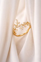 Gold Plated Floral Leaf Adjustable Ring with Crystal Stones | Elegant Designer Ring for Women