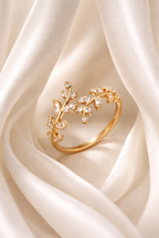 Gold Plated Floral Leaf Adjustable Ring with Crystal Stones | Elegant Designer Ring for Women