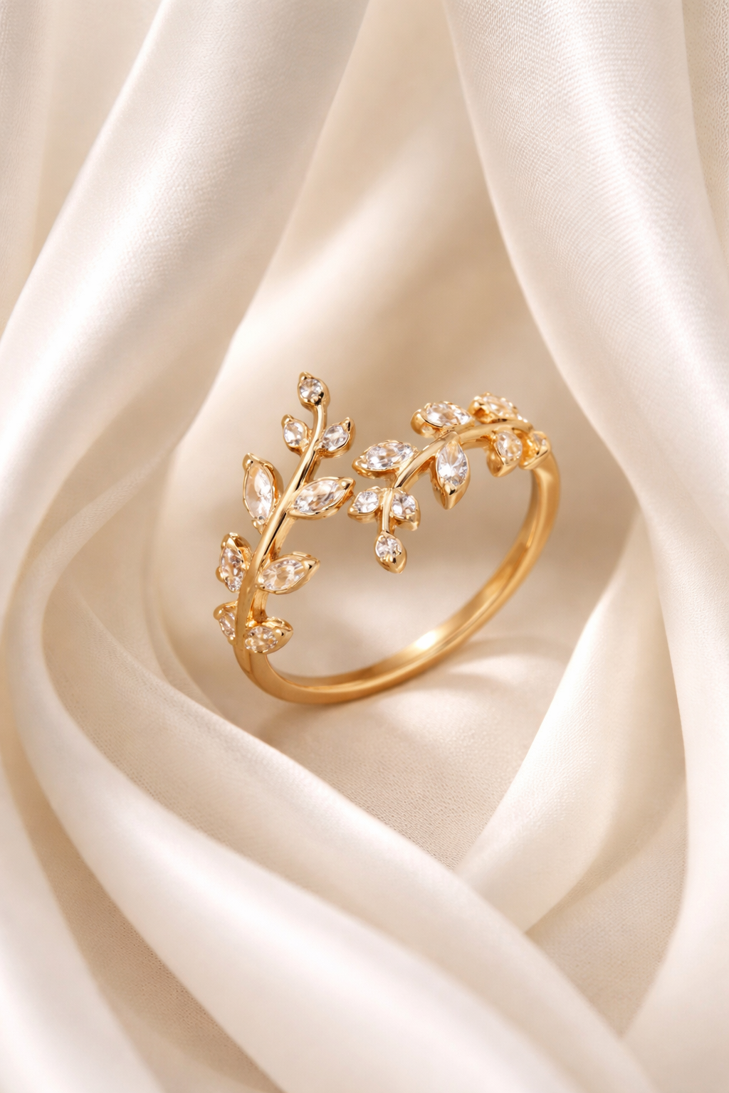 Gold Plated Floral Leaf Adjustable Ring with Crystal Stones | Elegant Designer Ring for Women