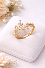 Gold Plated Floral Leaf Adjustable Ring with Crystal Stones | Elegant Designer Ring for Women