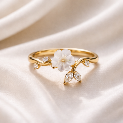 Adjustable Floral Ring with Mother of Pearl & American Diamonds | Elegant Designer Ring for Women