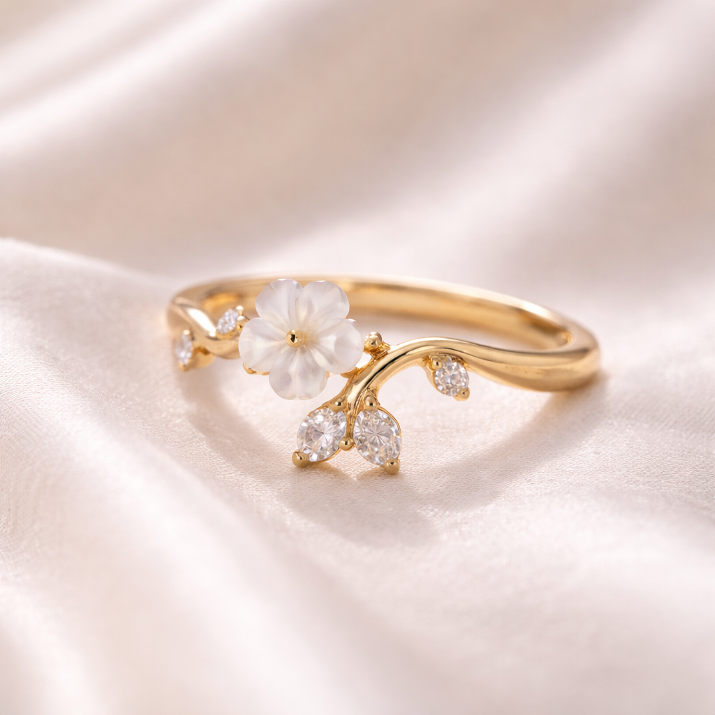 Adjustable Floral Ring with Mother of Pearl & American Diamonds | Elegant Designer Ring for Women