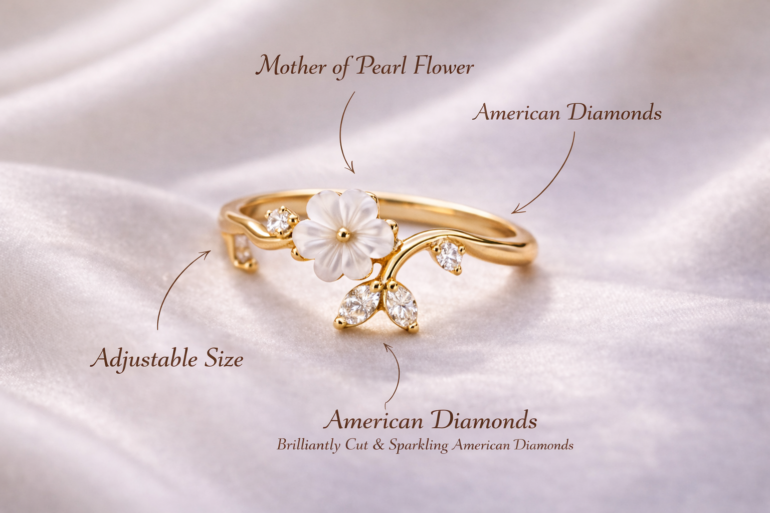 Adjustable Floral Ring with Mother of Pearl & American Diamonds | Elegant Designer Ring for Women