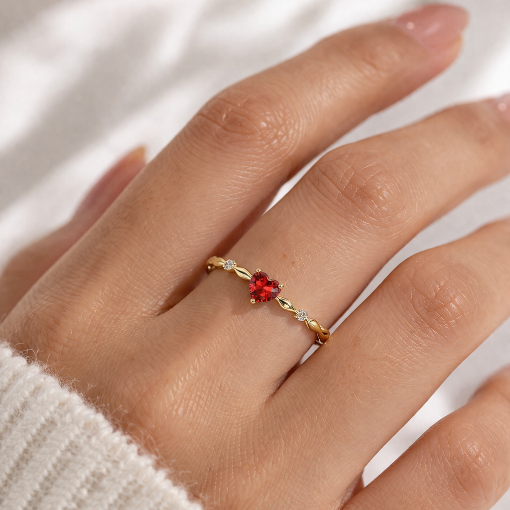 Heart Shape Ruby Love Ring for Her | Gold Plated Adjustable Ring