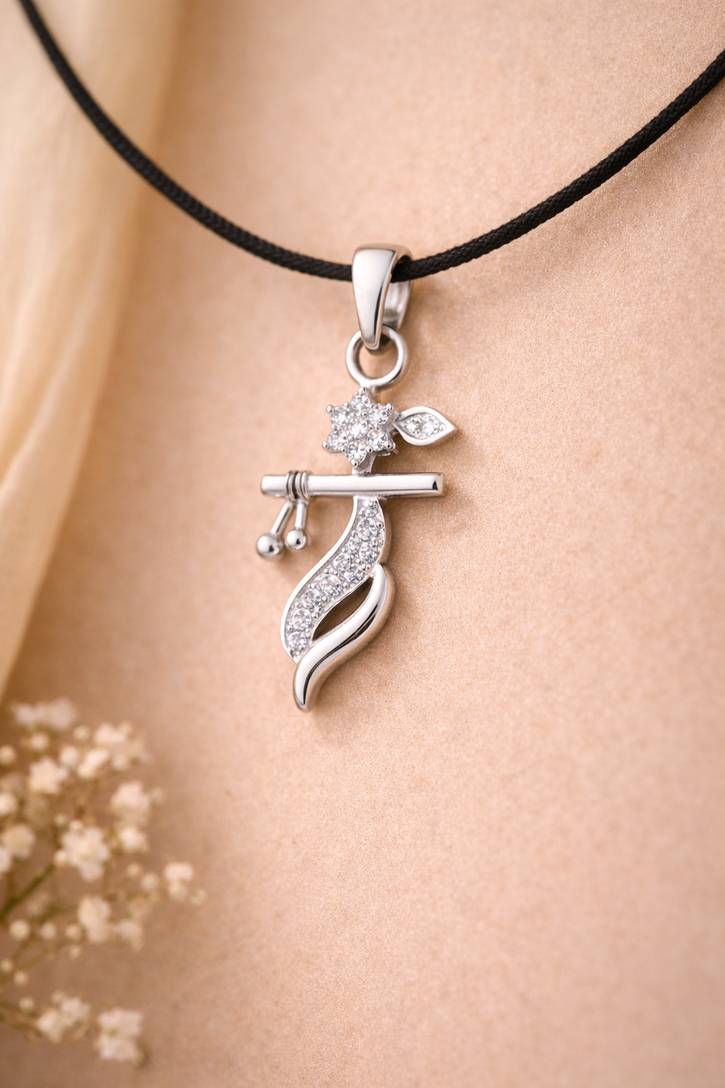 Krishna Flute Pendant with Black Thread | Silver Finish Spiritual Jewelry